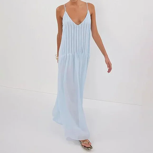 Women Summer Pleated Maxi Dress Sleeveless V Neck Beach Vacation Long Flowy